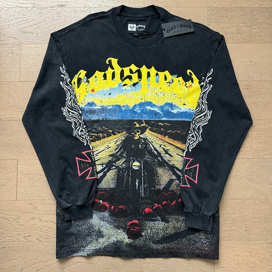 GodSpeed Washed Black Motorcycle Graphic Long Sleeve T-Shirt